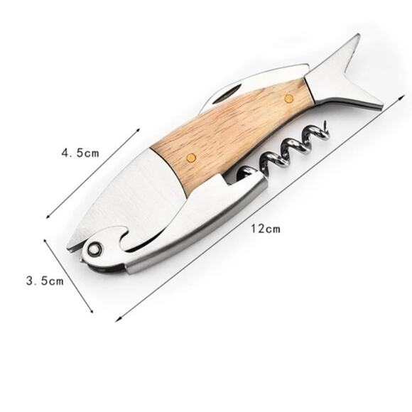 NEW Fish shaped double hinged wood corkscrew fish wine cork key opener gift B194 - Picture 5 of 5